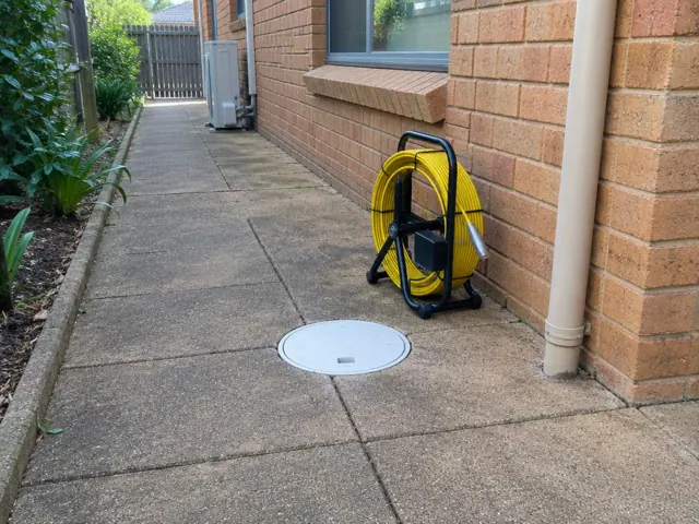 Brick side path with capped inspection opening and drain camera reel beside a house in Abbotsbury