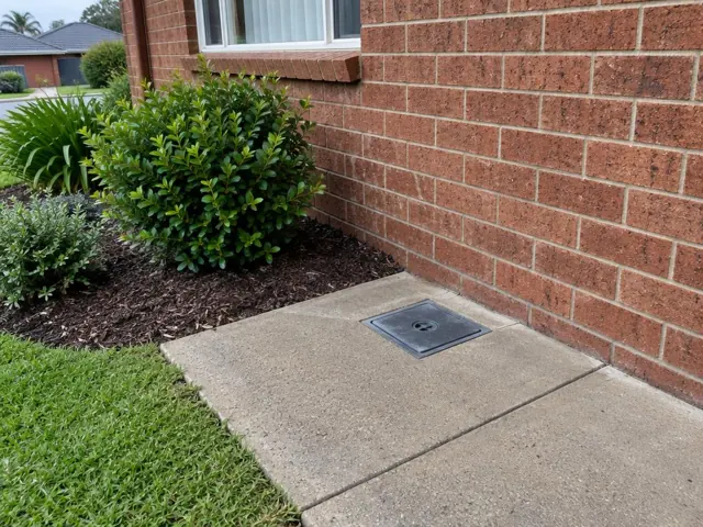 Capped access point set into a concrete slab beside a brick house and garden in Wetherill Park
